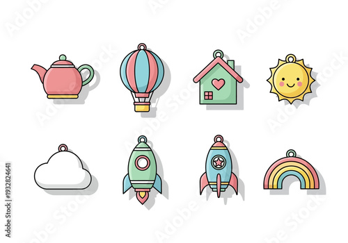 Collection of colorful travel and fantasy icons including teapot, hot air balloon, house, sun, cloud, rockets, and rainbow on a simple background from a straightforward viewpoint