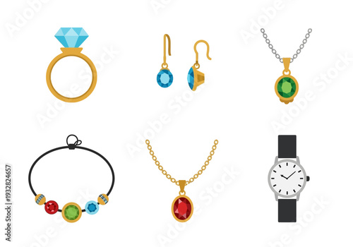 A collection of jewelry and accessories including rings earrings necklaces bracelets and watches displayed on a white background from a frontal viewpoint