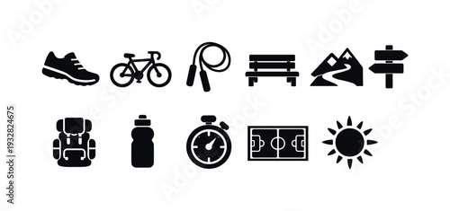 Outdoor adventure silhouette icon set. Hiking, cycling, running silhouette icons collection.