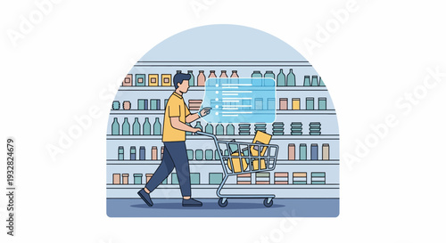 Cartoon Man Shopping in a Busy Grocery Store, Holding Red Basket, Pushing Cart Among Colorful Shelves – Healthcare & Medical Scene