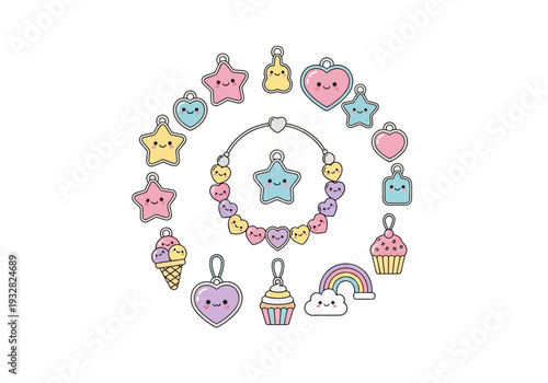 Colorful cartoon charms arranged in a circular pattern featuring stars, hearts, and treats in a whimsical illustration