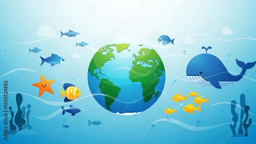 Fototapeta premium Animated Earth surrounded by ocean life