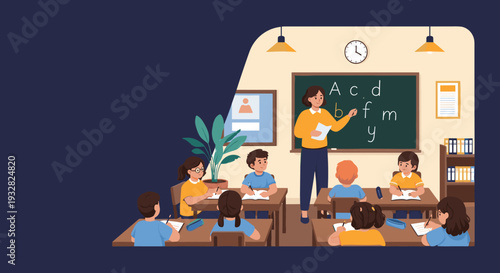 Primary school teacher educating young students in a classroom setting with a chalkboard and colorful decorations.