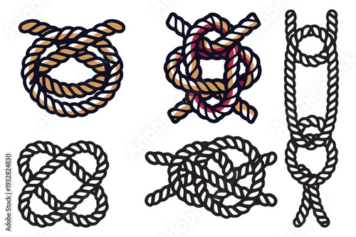 Various nautical knots and ropes in different colors and styles