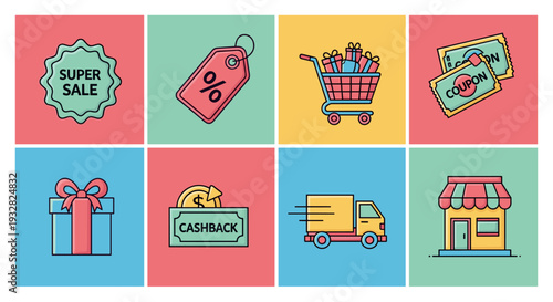 Shopping Icons with Sale and Discount Symbols.