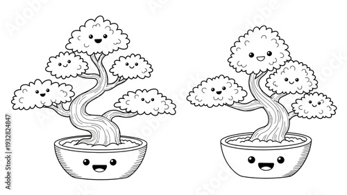 Two cute kawaii bonsai trees in pots with happy faces