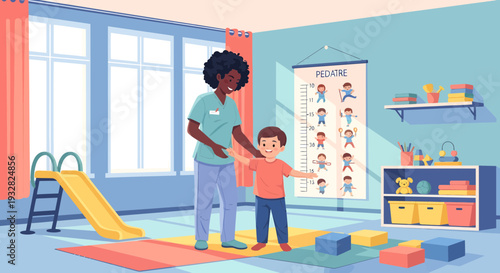 Physical therapist assisting a young boy with exercises.