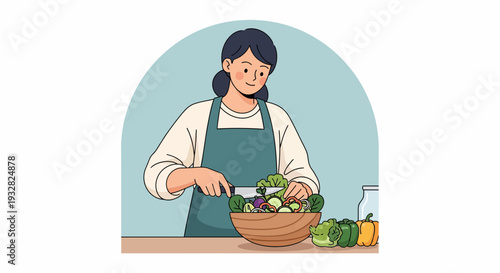 Cartoon Woman Mixing Salad in a Bright Kitchen with Wooden Bowl