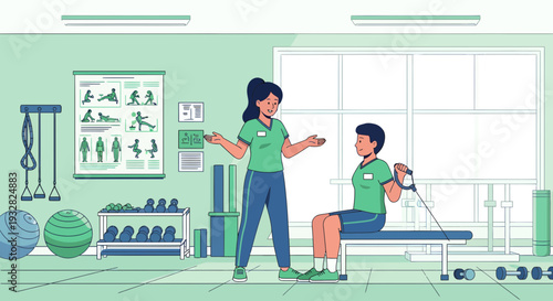 Physical therapist assisting patient with resistance band exercise.