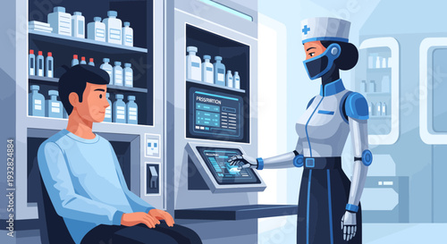 Robot nurse assisting patient in modern medical facility.