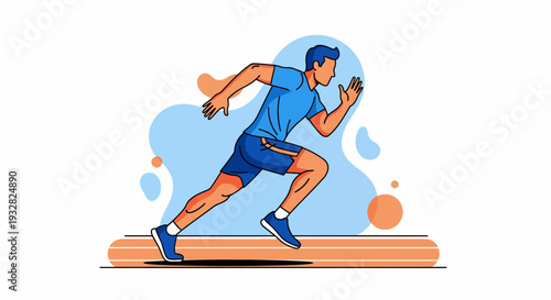 Healthcare and Medical Cartoon Man Running on Treadmill with Dumbbells, Blue Outfit, Orange Equipment, Dynamic Motion