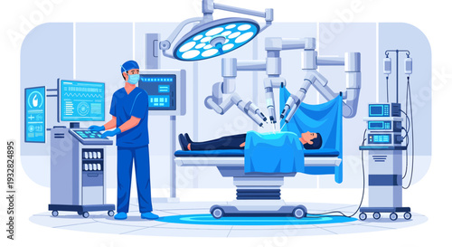 Robotic Surgery System Performing Operation On Patient.