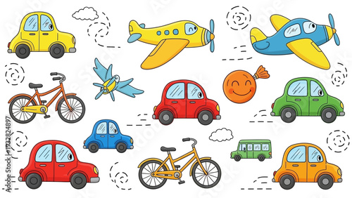 Collection of cute cartoon vehicles and transportation