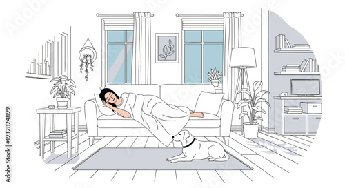 Peaceful scene of a woman sleeping on a sofa in a modern living room while a loyal white dog rests on the rug.