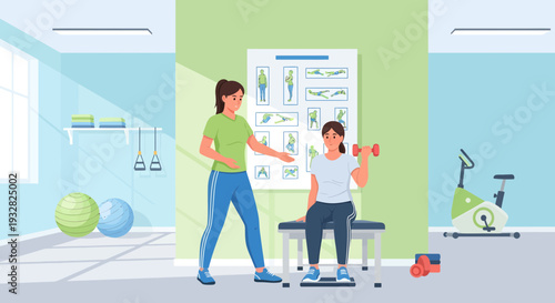 Young girl exercising with trainer in gym.