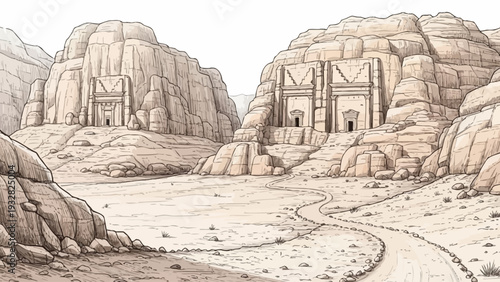 Ancient Nabataean tombs carved into sandstone cliffs in a desert landscape.