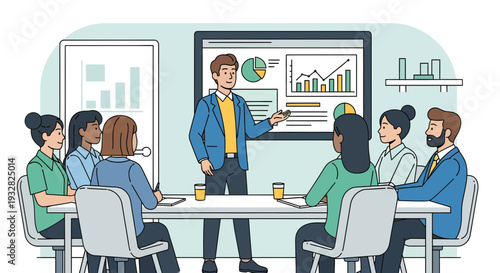 Business meeting presentation with diverse team listening attentively.