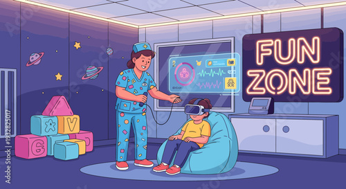 Boy Experiencing Virtual Reality with Instructor Guidance.