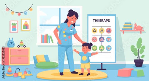 Caring therapist helps young child with development.