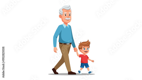 Happy grandfather and grandson walking hand in hand, celebrating their loving family bond.