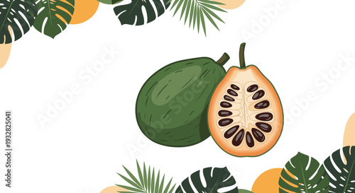 Ripe green cacao pods shown whole and sliced open to reveal beans surrounded by tropical leaves and orange circles.