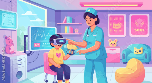Child wearing VR headset with nurse in futuristic medical room.