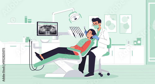 Dentist examining patient in modern dental clinic examination room.
