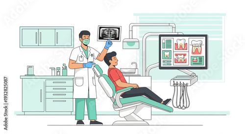 Dentist examining patient with dental xrays on screen.