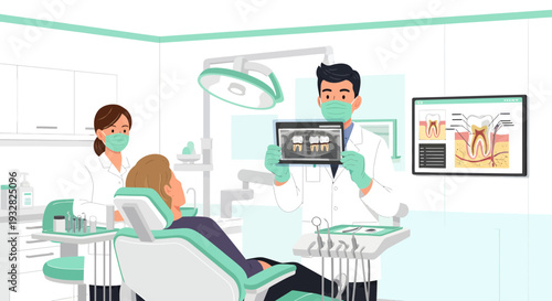 Dentist showing dental xray to patient in clinic.