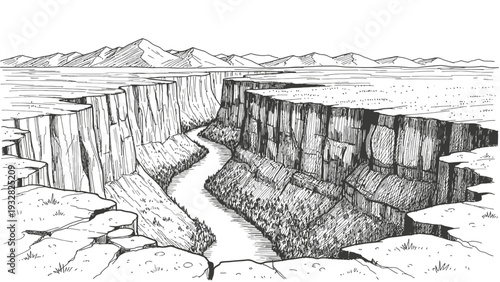 Black and white hand drawn sketch of a deep canyon landscape with a river and mountains