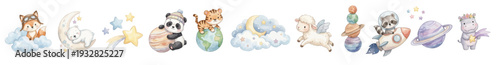 Watercolor baby universe set. Cute watercolor galaxy set with panda astronaut, fox sleeping, tiger star, unicorn moon. Collection of Vector illustrations. Perfect for invitation, card, poster, banner