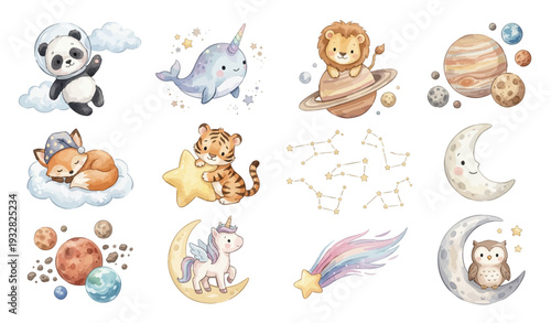 Cute watercolor galaxy set. Watercolor space nursery clipart set with cute animals, planets, moons, stars and constellations. Collection of Vector illustrations. Perfect for invitation, card, poster