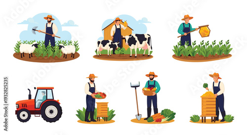 Set of diverse agricultural scenes showing farmers working in fields with crops animals a tractor and beehives.