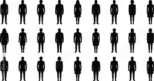 Business People Silhouette Collection with Men and Women in Formal Attire Standing Front View Black Vector Icons Isolated on White Background
