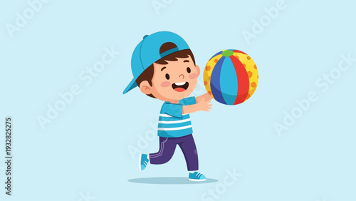 Happy cartoon boy playing with a colorful ball illustration