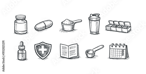 Fitness and supplement sketch icon set. Health, nutrition, workout outline collection