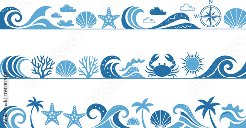 Ocean Themed Decorative Border Collection with Waves, Shells, Starfish, Coral, Crab, Palm Trees and Nautical Elements Blue Vector Design Set