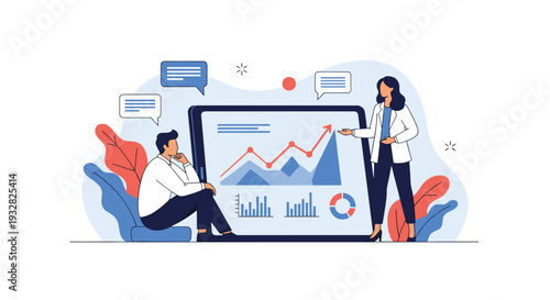 Business man and woman analyzing data trends on a large digital tablet screen with graphs and speech bubbles.