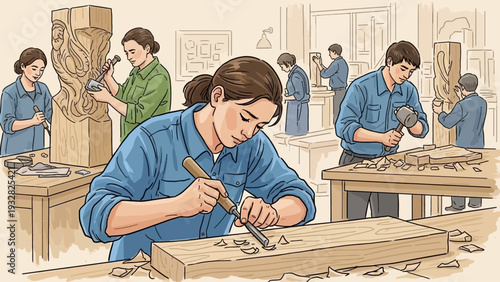 People carving wood in an art studio