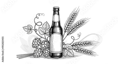 Detailed black and white engraving style illustration of a beer bottle surrounded by hops wheat and grape leaves.