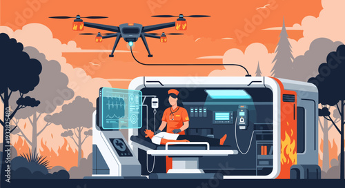 Drone Delivering Medical Supplies to Futuristic Ambulance.