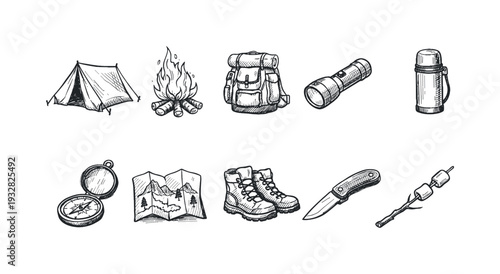 Camping essentials outline icon set. Tent, campfire, backpack outline icons collection