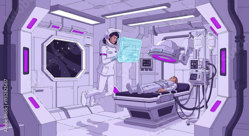 Futuristic space medical bay with nurse and patient.
