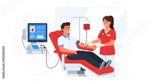 Man Donating Blood with Nurse Assistance and Medical Equipment.