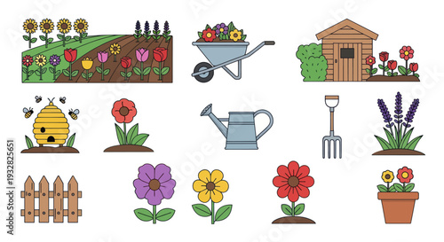 Gardening Flat Icons Set: Flowers, Tools, Beehive, Shed, Wheelbarrow, Fence