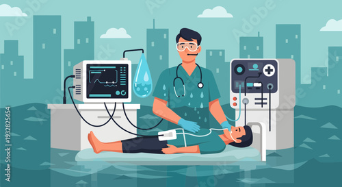 Medical professional performing life saving procedure on patient with advanced equipment.