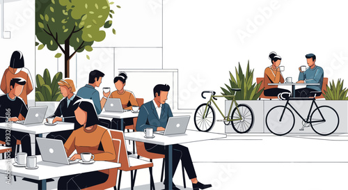 Diverse people working on laptops at outdoor cafe with bicycles parked nearby