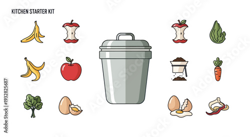 Kitchen Waste Objects Icons Set: Food Scraps, Bin, Compost, Organic Materials