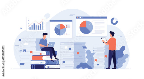 Conceptual illustration of students or researchers analyzing data on floating screens while sitting on stacks of giant books.