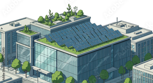 Modern building with rooftop solar panels and green roofs, sustainable architecture concept.